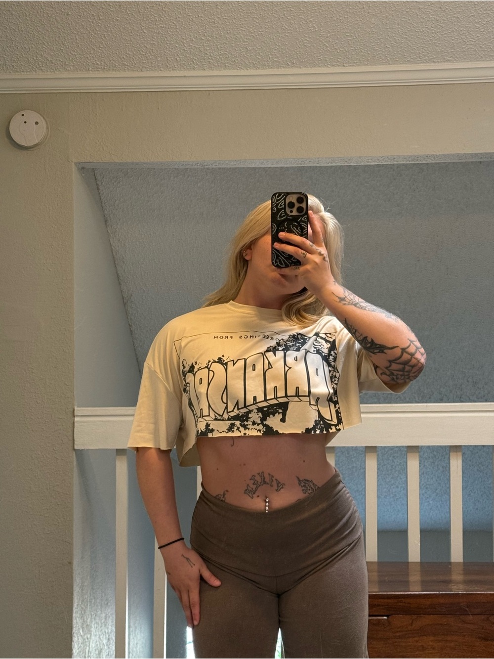 SHEIN Cream Cropped Graphic Tee with Black Print
